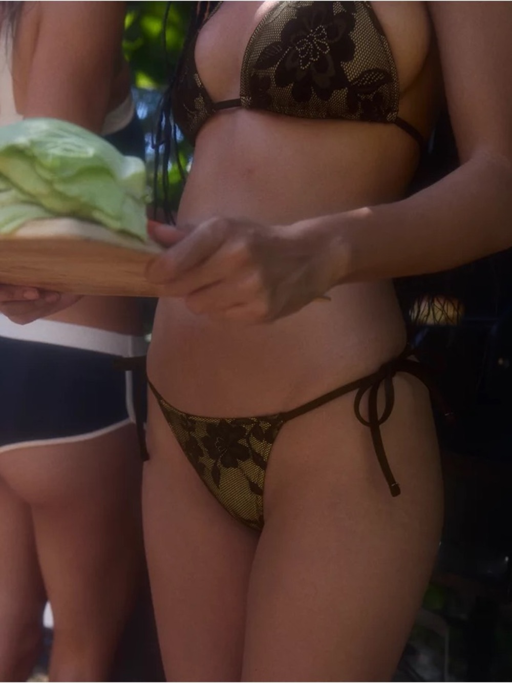 aerie  Black Floral Lace Tie-Side Bikini Bottom